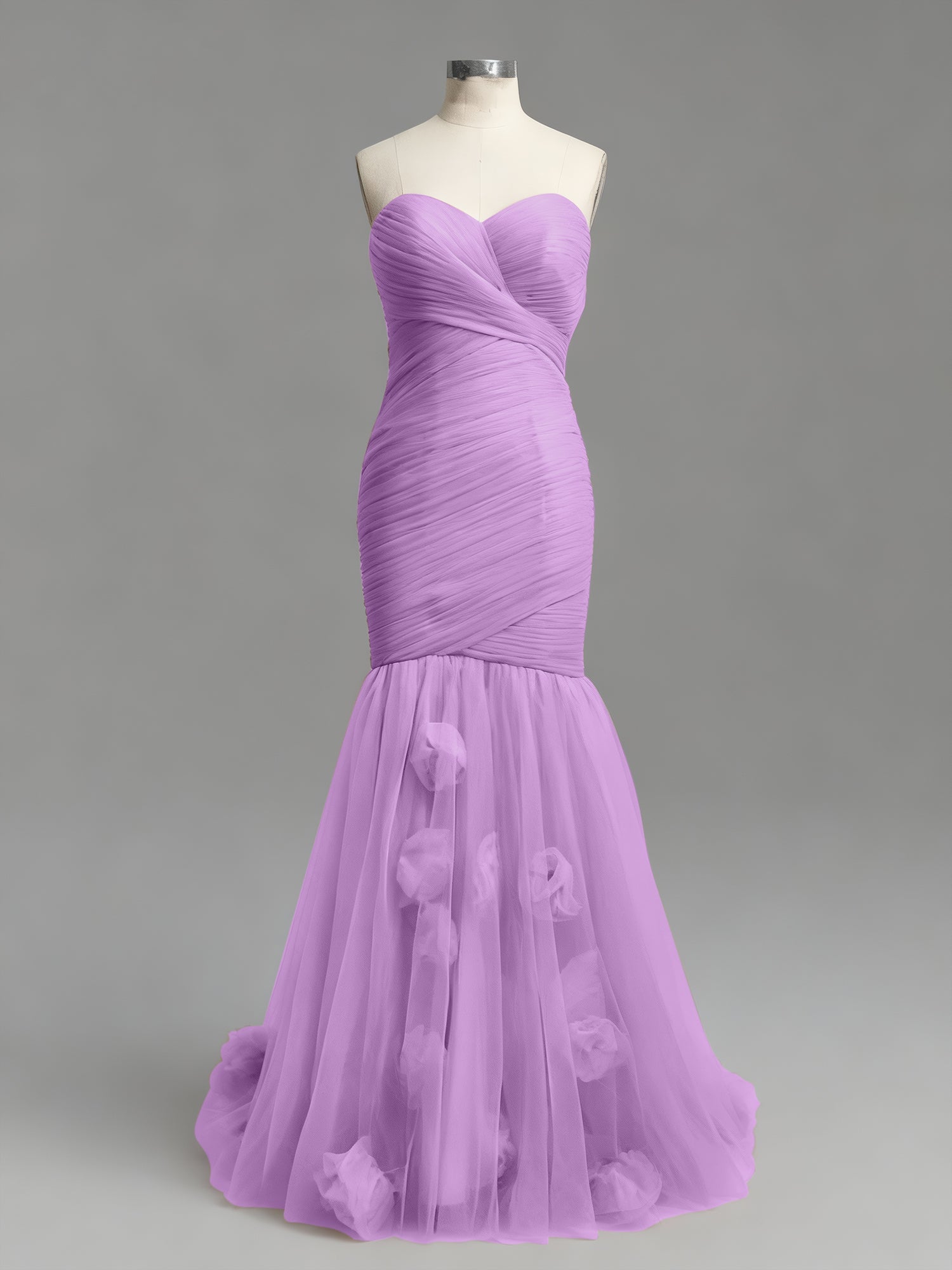 Dusty Rose Mermaid Strapless Ruched Tulle Prom Dress with 3D Floral