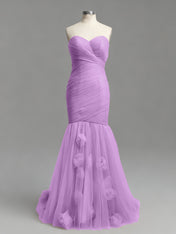 Meerjungfrauen-Abendkleid in Dusty Rose, trägerlos, gerafft, Tüll, mit 3D-Blumenapplikationen