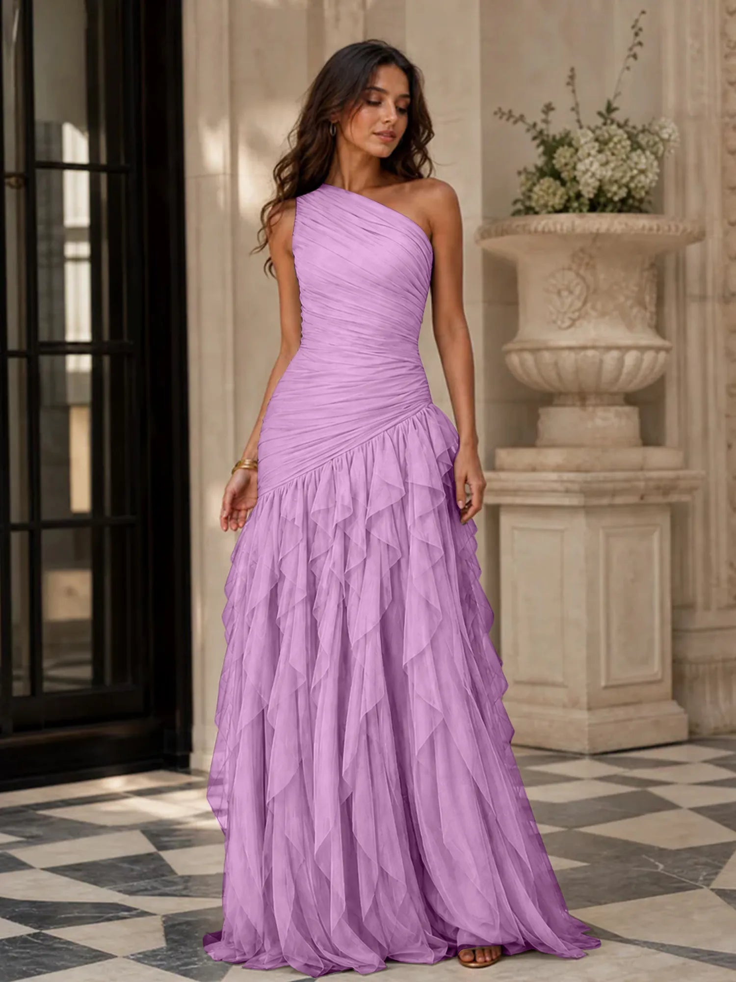 Emerald Green One-Shoulder Ruched Asymmetric Ruffle Chiffon Floor-Length Gown Dress