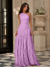 Emerald Green One-Shoulder Ruched Asymmetric Ruffle Chiffon Floor-Length Gown Dress