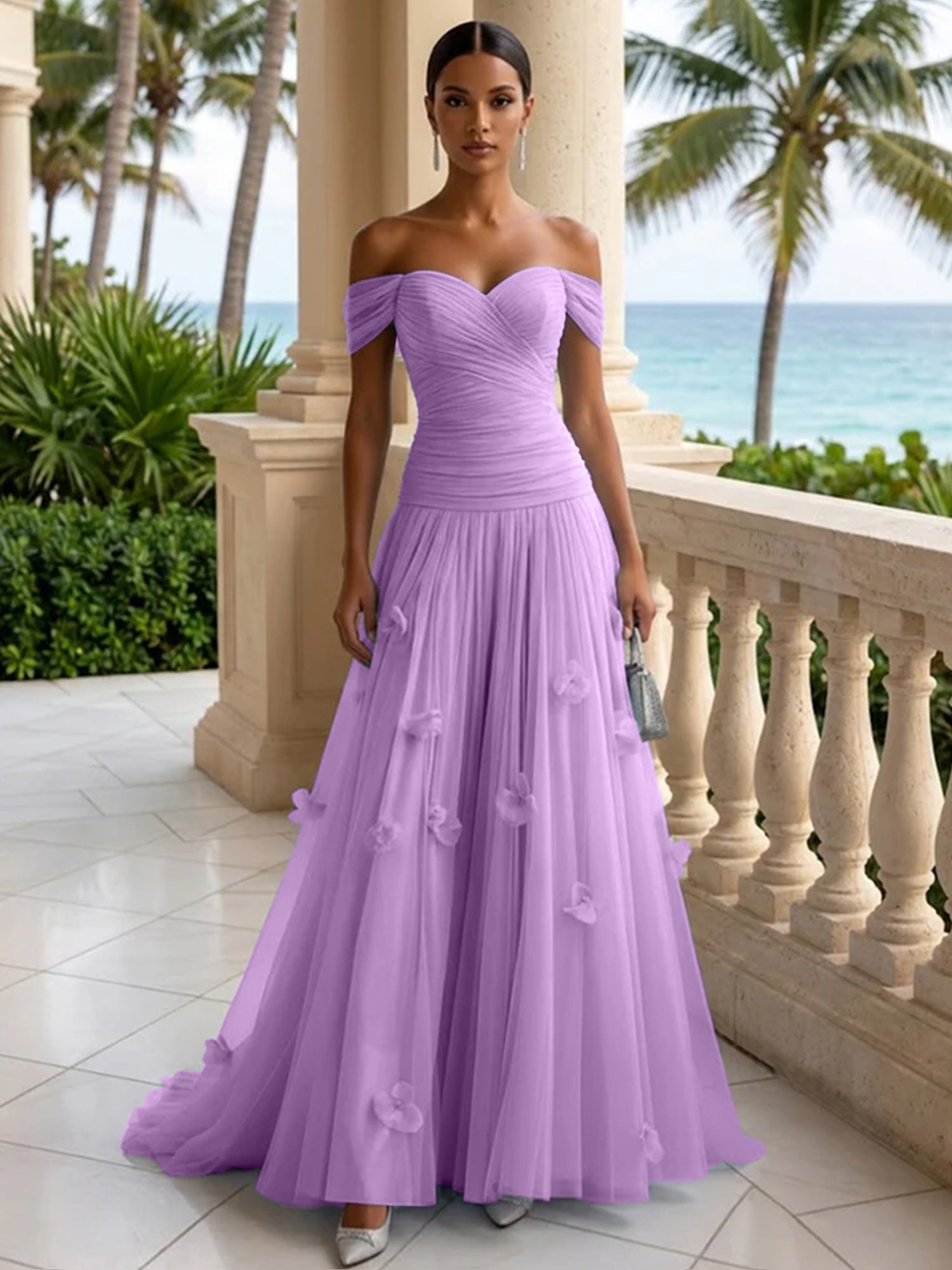 Light Blue Evening Dress with 3D Flower Off The Shoulder Pleat Maxi Dress