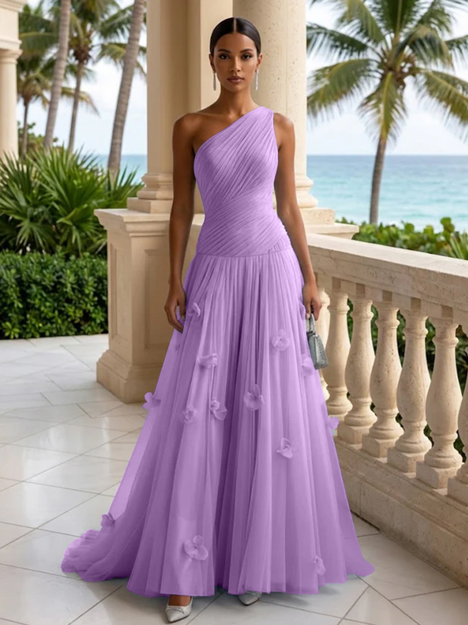 Light Blue Evening Dress with 3D Flower One Shoulder Pleat Maxi Dress