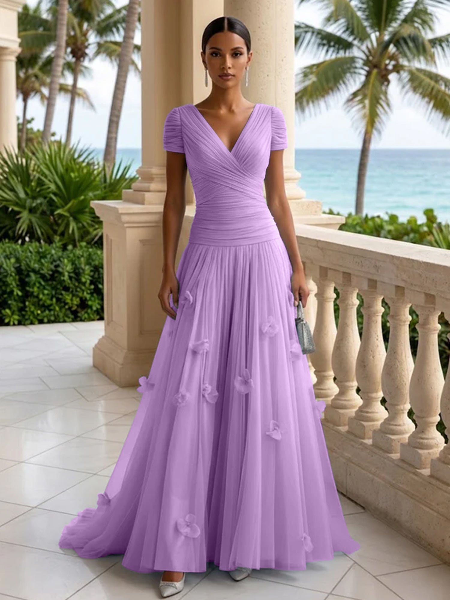 Light Blue Short-Sleeve Tulle Gown Evening Dress with 3D Flower V Neck Pleat Maxi Dress