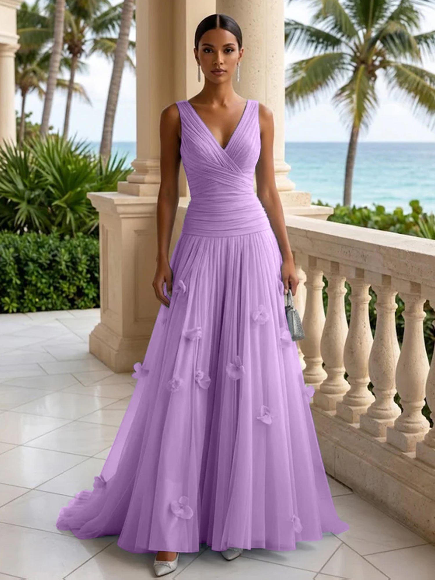 Light Blue Evening Dress with 3D Flower V Neck Pleat Maxi Dress