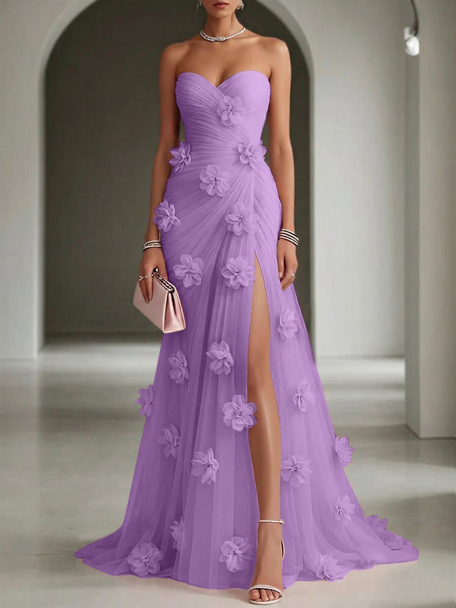 Ethereal Blush Slit 3D Floral Strapless Tulle Gown Dress