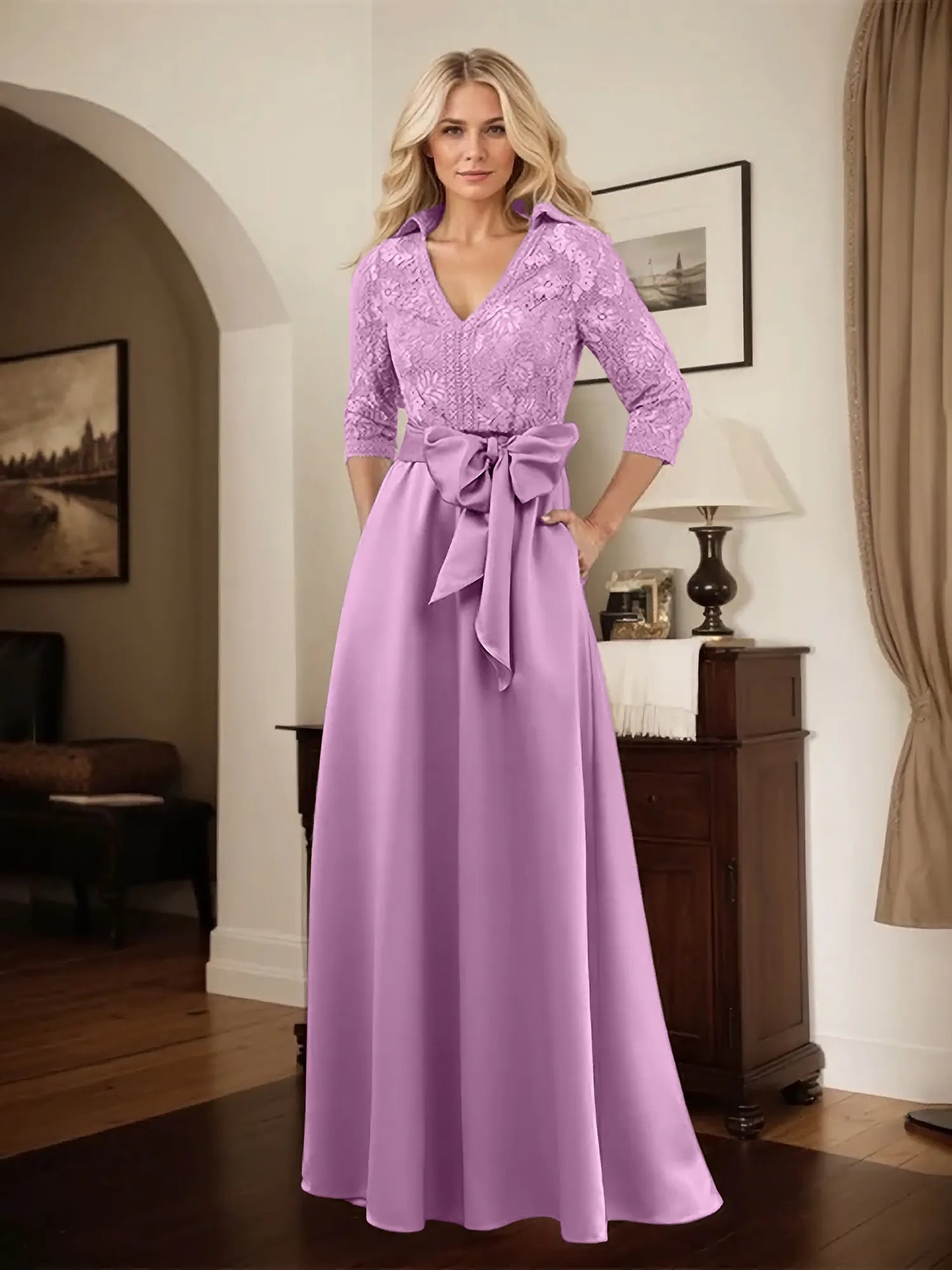 Classic V-Neck Bow Accented Satin Mother Of The Bride Dress With Lace