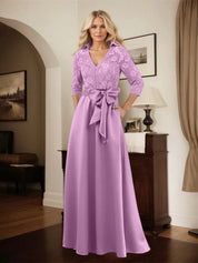 Classic V-Neck Bow Accented Satin Mother Of The Bride Dress With Lace