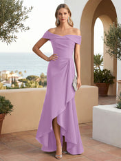 Off the Shoulder Pleat Satin High Low Mermaid Evening Dresses for Women