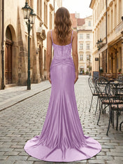 Purple Mermaid Spaghetti Straps Satin Long Corset Appliqued Prom Dress