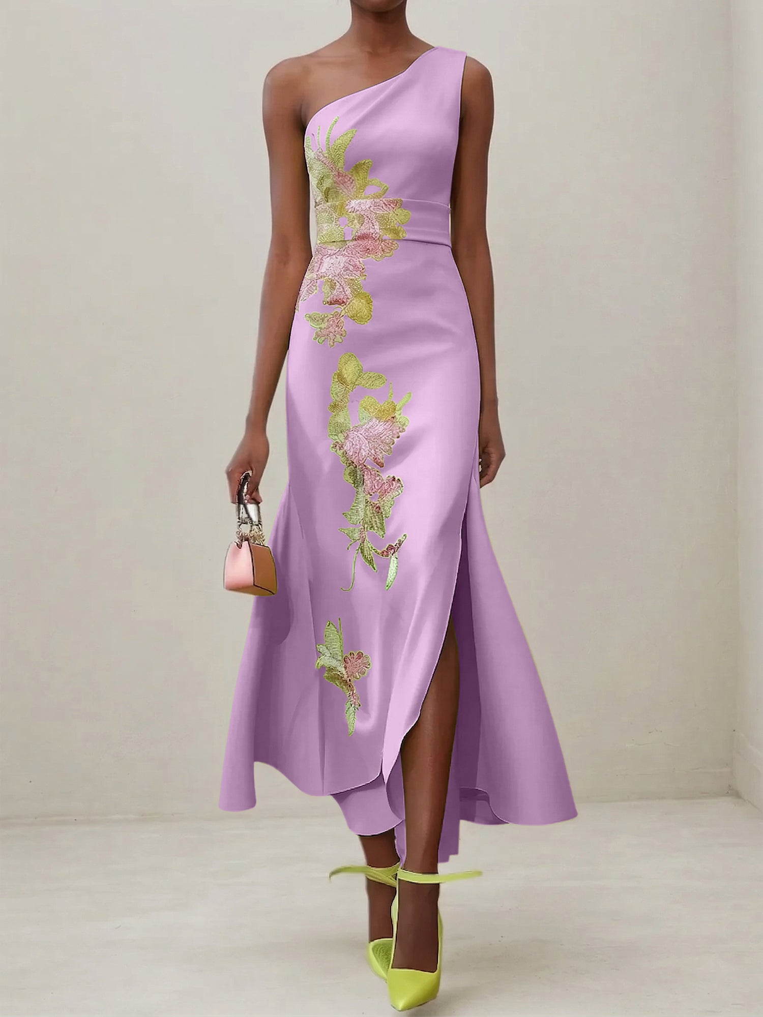 Green Floral One Shoulder Embroidered Cap Sleeve Slit Sheath Maxi Dress