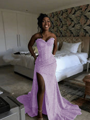 Glitter Strapless Mermaid Sequined Long Prom Dress with Slit