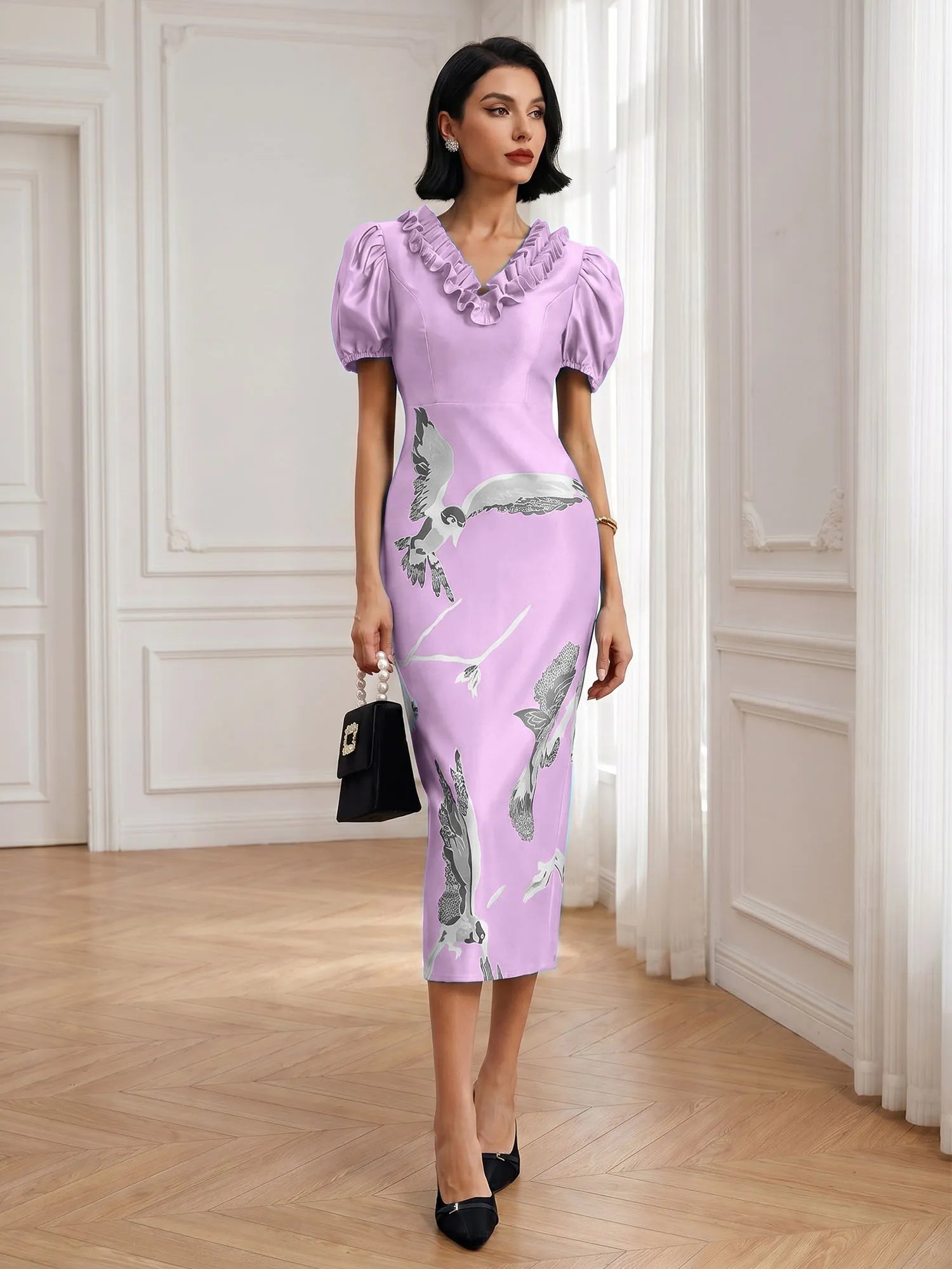 Black Folds V Neck Puff Sleeve Midi Sheath Dress