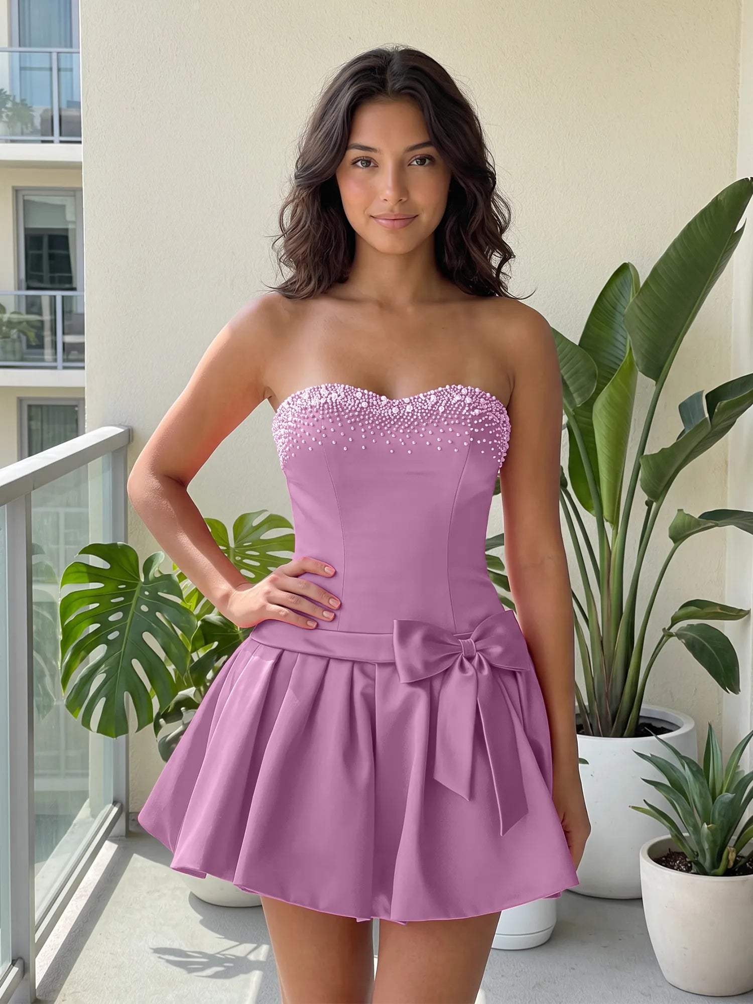Fuchsia Pearl Corset Short Homecoming Dresses Large Waist Bow Lace Up Back
