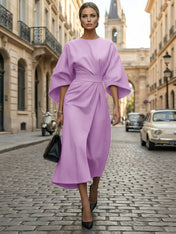 Loose Batwing Sleeve Dress Tight Waist Solid Color Elegant Dresses