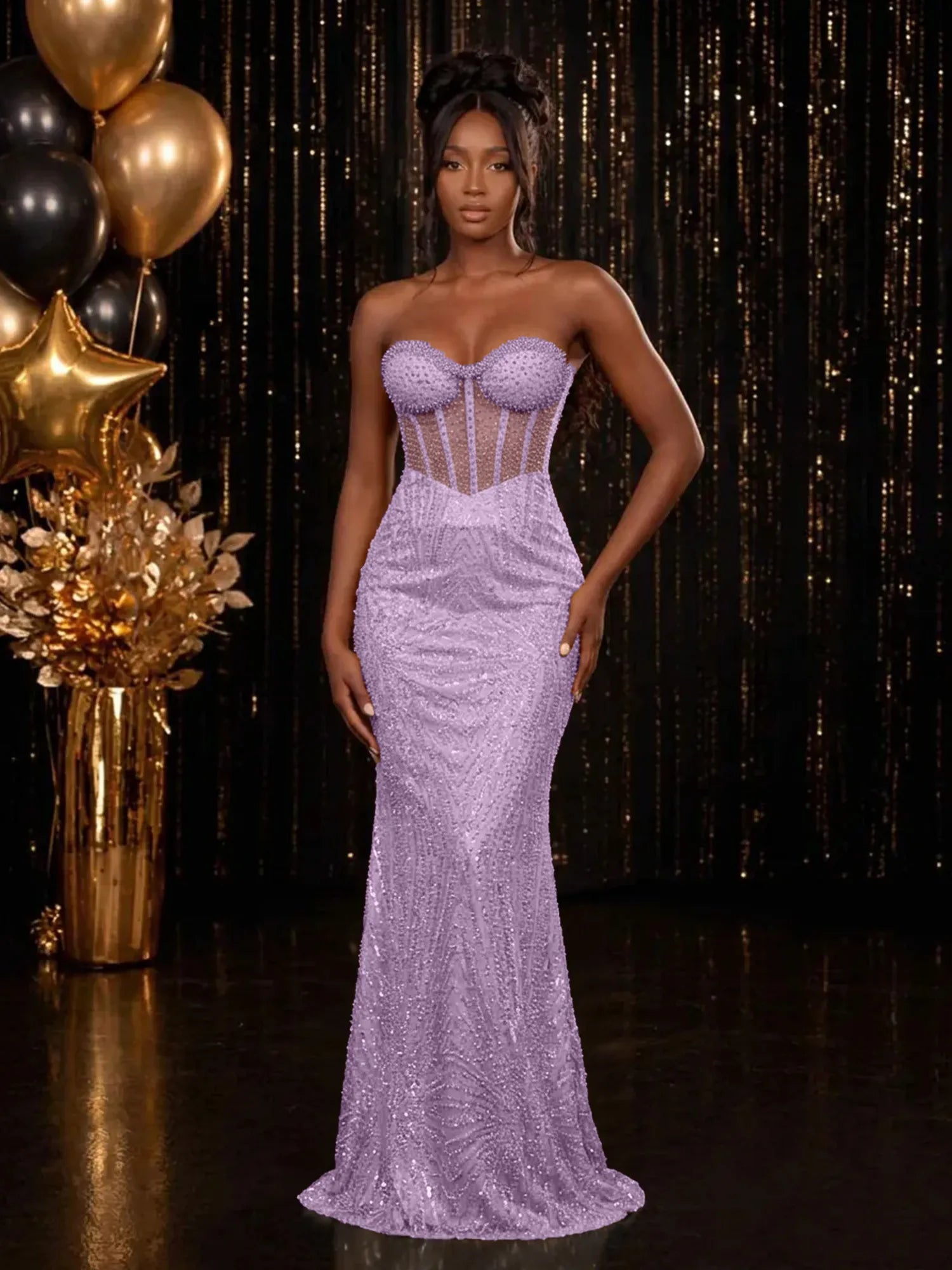 Strapless Sequin-Accented Mermaid Prom Dress with High Slit