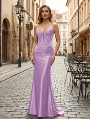 Purple Mermaid Spaghetti Straps Satin Long Corset Appliqued Prom Dress