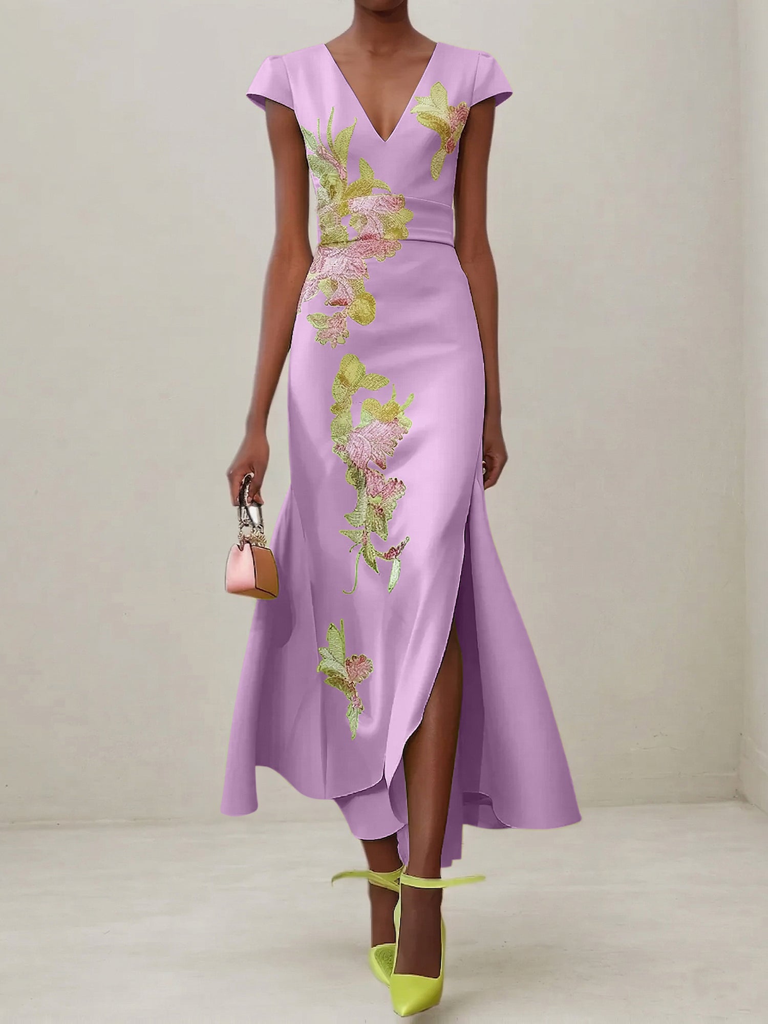 Green Floral V Neck Embroidered Cap Sleeve Slit Sheath Maxi Dress