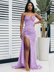 Glitter Orange Strapless Mermaid Sequined Long Prom Dress with Slit