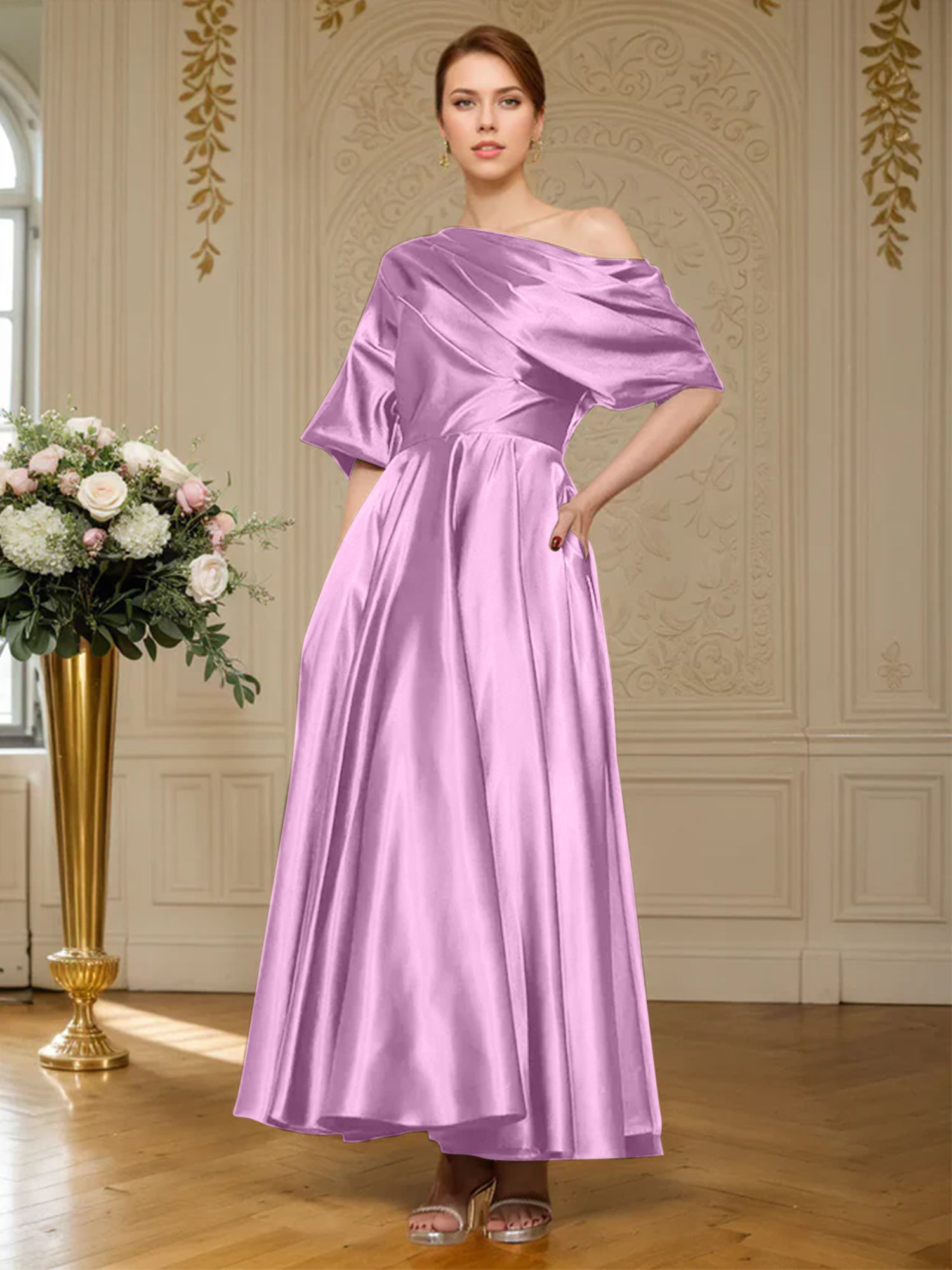 A-line Short Sleeves Pleated Ankle-Length Silk like Satin Mother of the Bride Dress