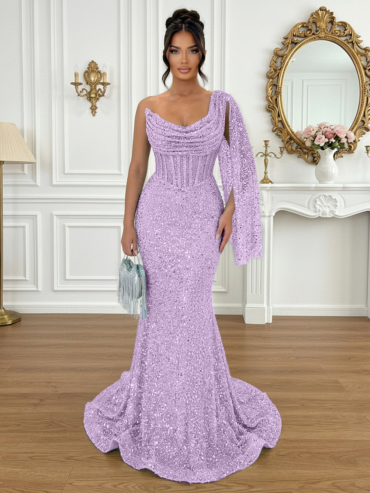 Glamorous Ice Blue One-Shoulder Sequin Corset Mermaid Prom Dresses