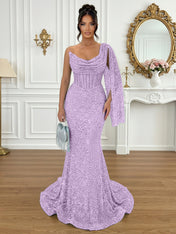 Glamorous Ice Blue One-Shoulder Sequin Corset Mermaid Prom Dresses