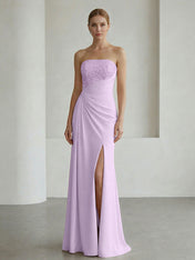 Glamorous Formal Evening Dress Soft Blush Beaded Strapless Slit Gown