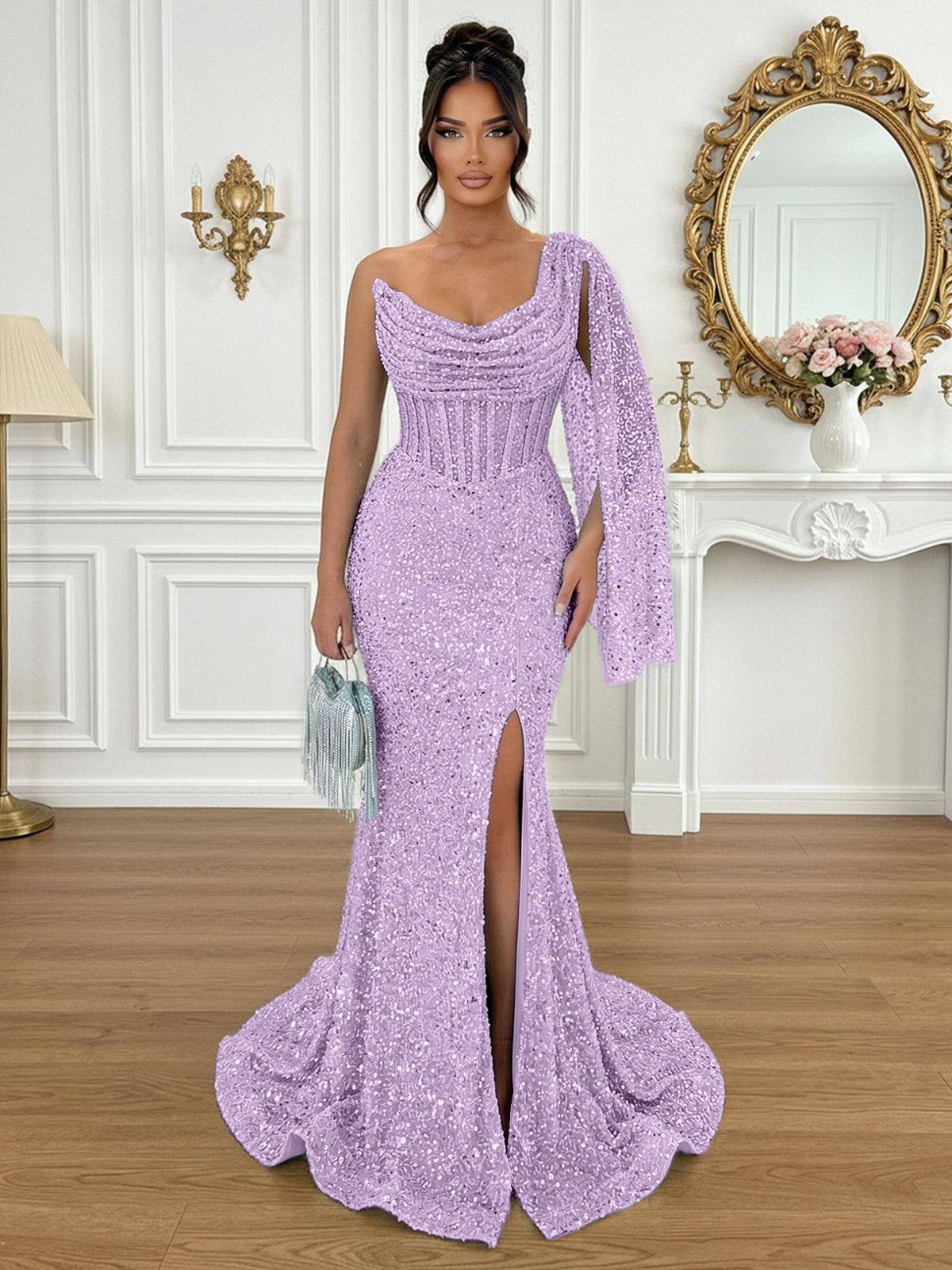 Glamorous Ice Blue One-Shoulder Sequin Corset Mermaid Prom Dresses with Slit