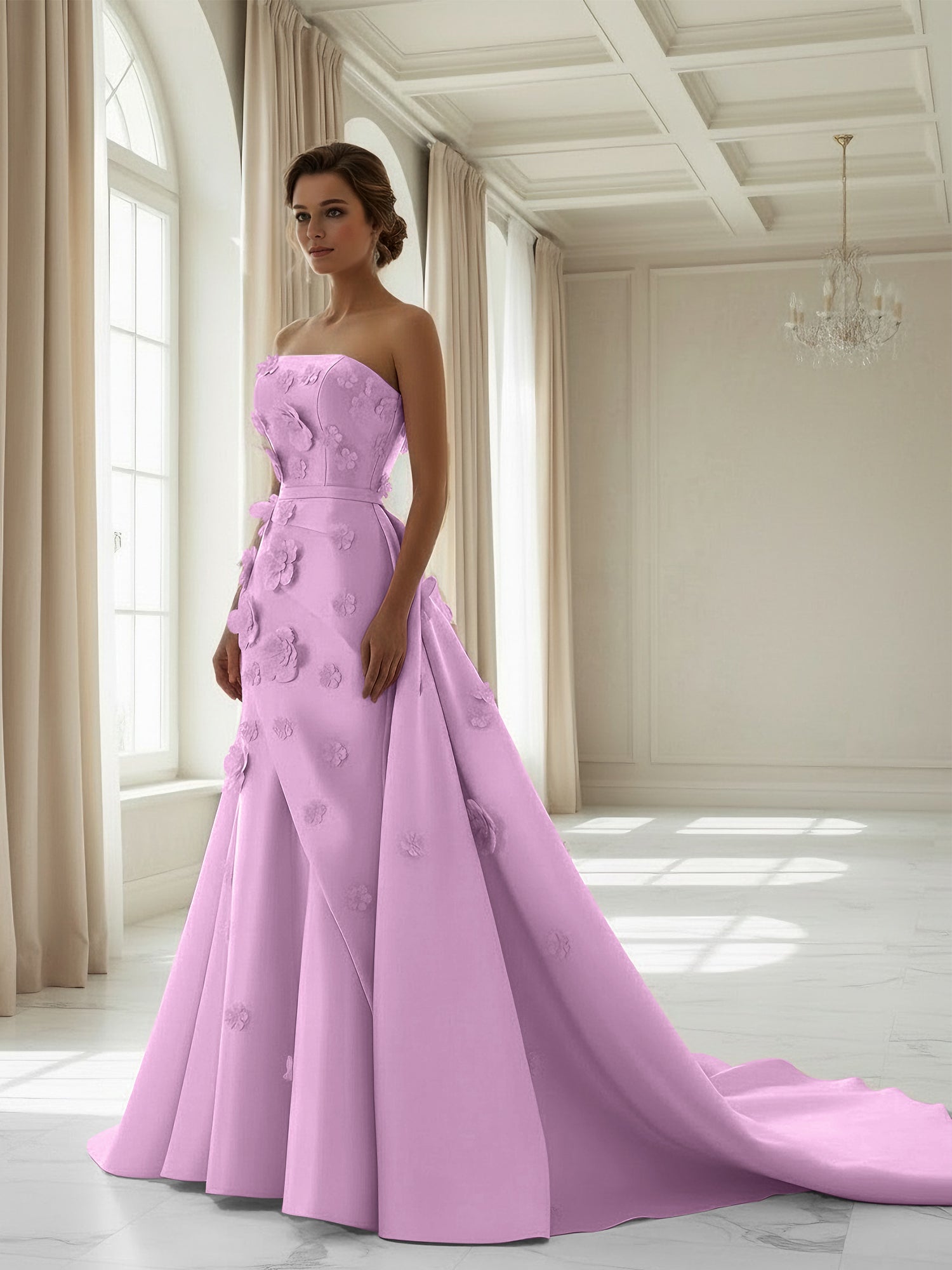 Pink A Line Satin Strapless Prom Dress with 3D Floral Appliques