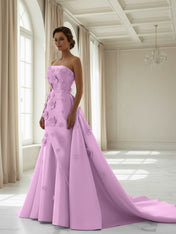Pink A Line Satin Strapless Prom Dress with 3D Floral Appliques