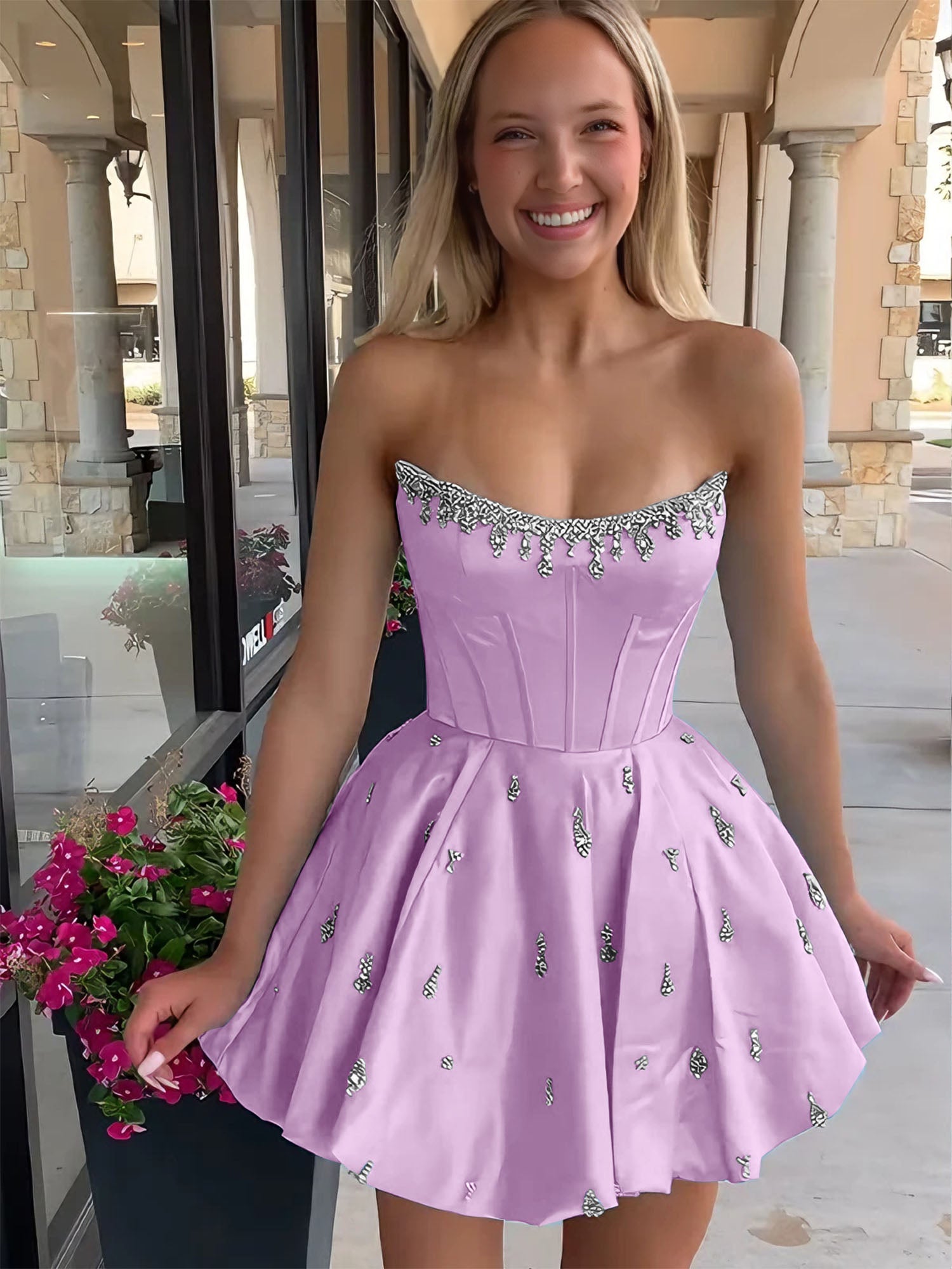 Sparkly Satin A Line Short Corset Homecoming Dress with Rhinestones