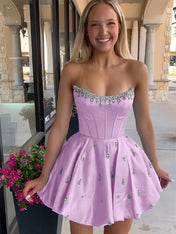 Sparkly Satin A Line Short Corset Homecoming Dress with Rhinestones