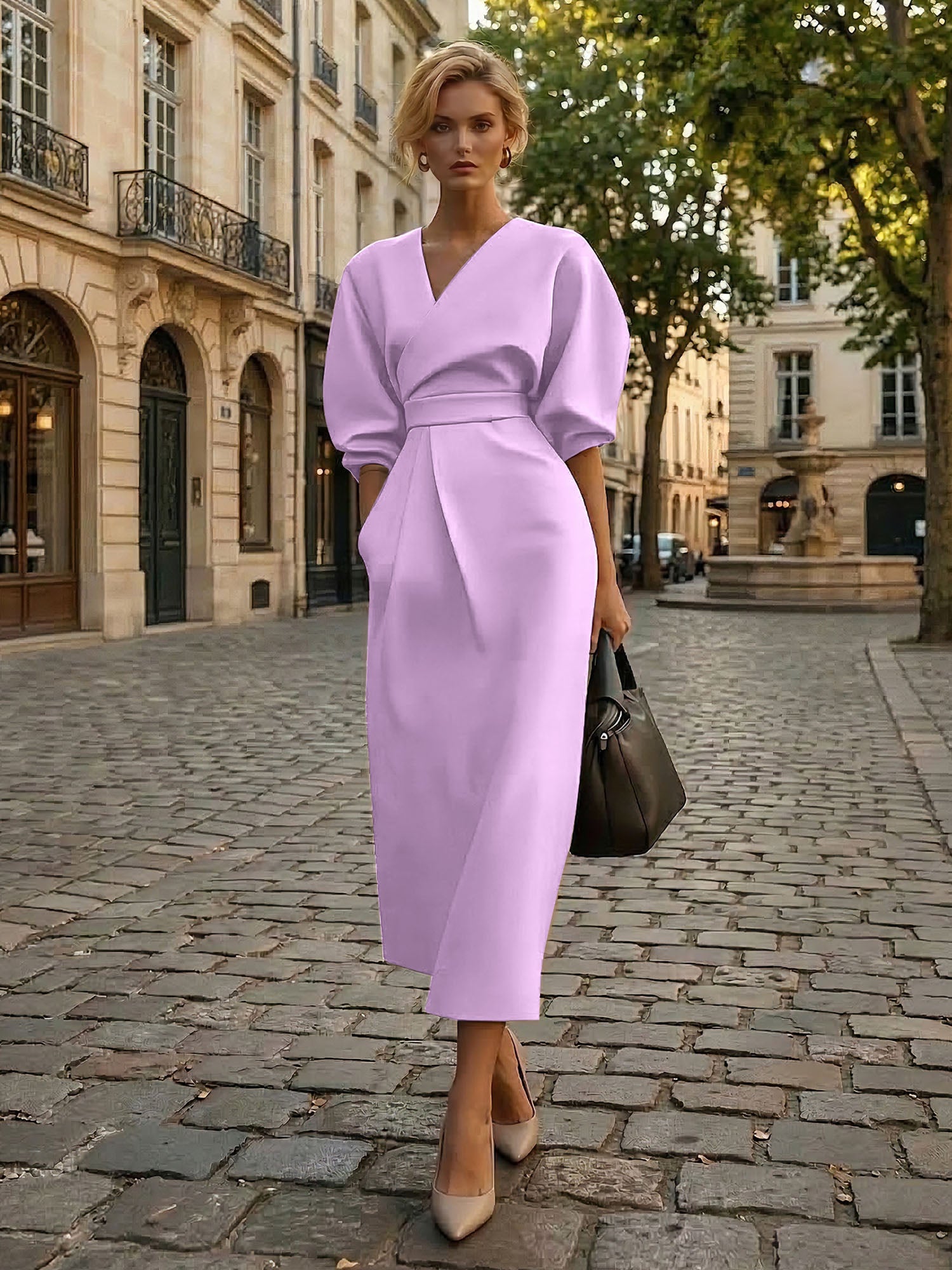 Sophisticated Camel V-Neck Balloon Sleeve Midi Dress Evening Gown