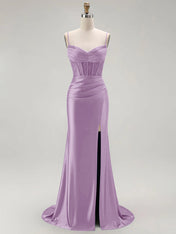 Sparkly Satin Mermaid Long Corset Prom Dress with Beading