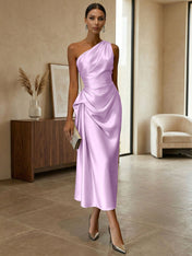 Champagne Ruched Satin One Shoulder Sleeveless Sheath Midi Dress