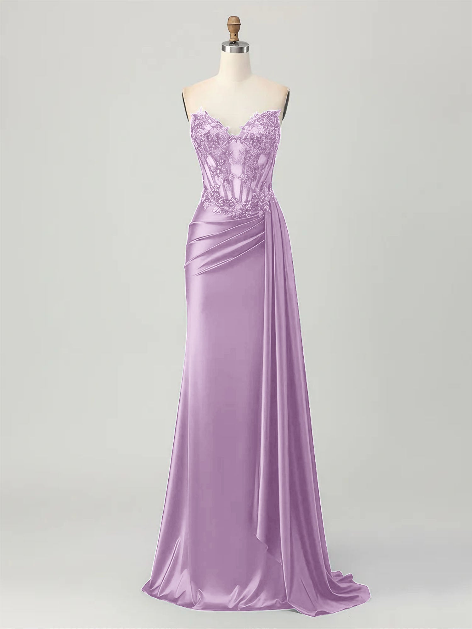 Strapless Illusion Bodice Prom Dress with Satin Skirt