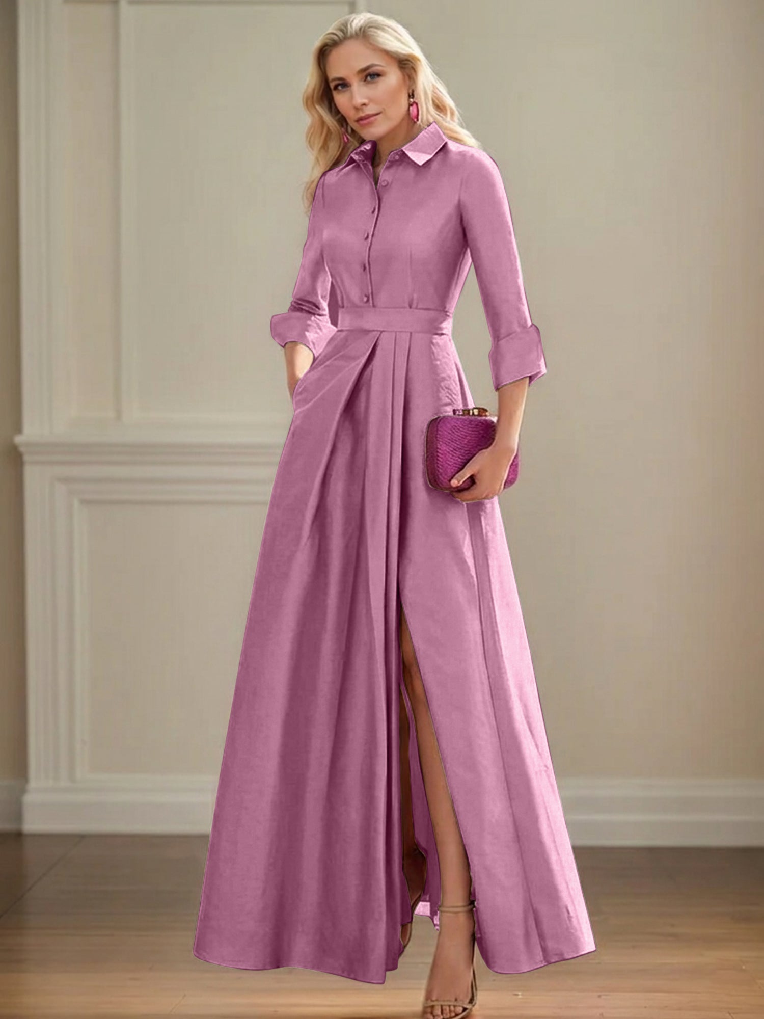 A Line High Neck 3/4 Sleeves Floor Length Mother of the Bride Dresses