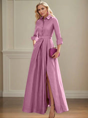 A Line High Neck 3/4 Sleeves Floor Length Mother of the Bride Dresses