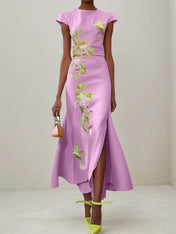 Green Floral Embroidered Cap Sleeve Slit Sheath Maxi Dress