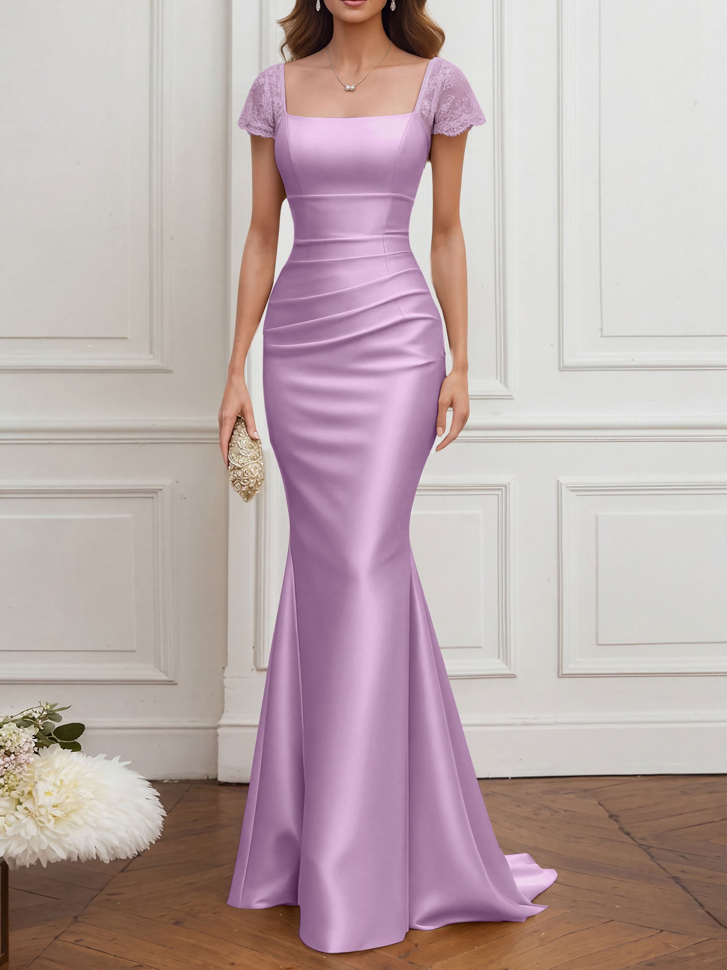 Mother of the Bride Dress Champagne Satin Square Neck Maxi Dress