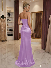 Burgundy Satin Corset Rhinestone Trim Floor-Length Prom Dress with Thigh Slit