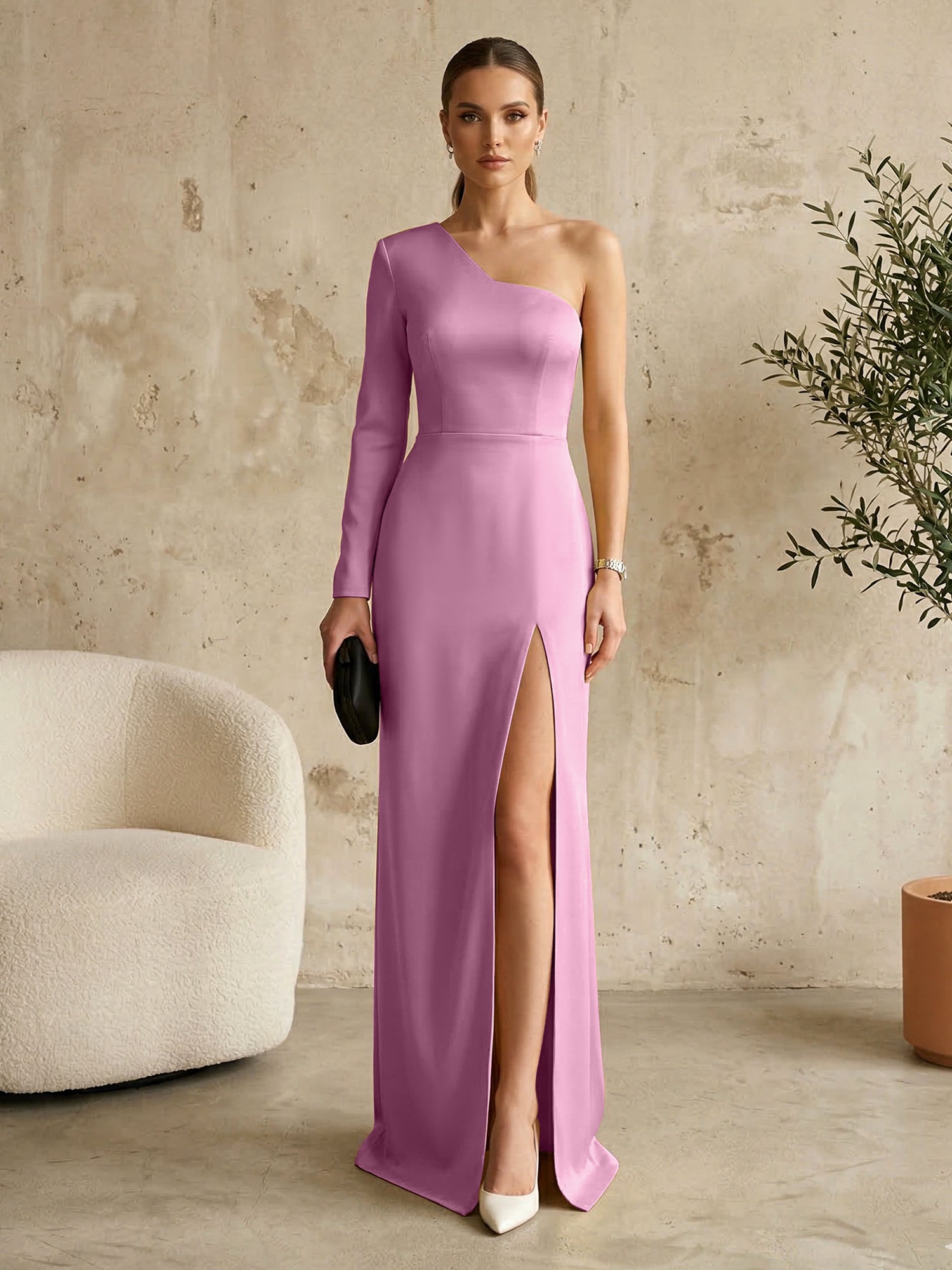Long Sleeves Black One Shoulder Formal Dress Evening Gown