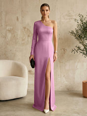 Long Sleeves Black One Shoulder Formal Dress Evening Gown