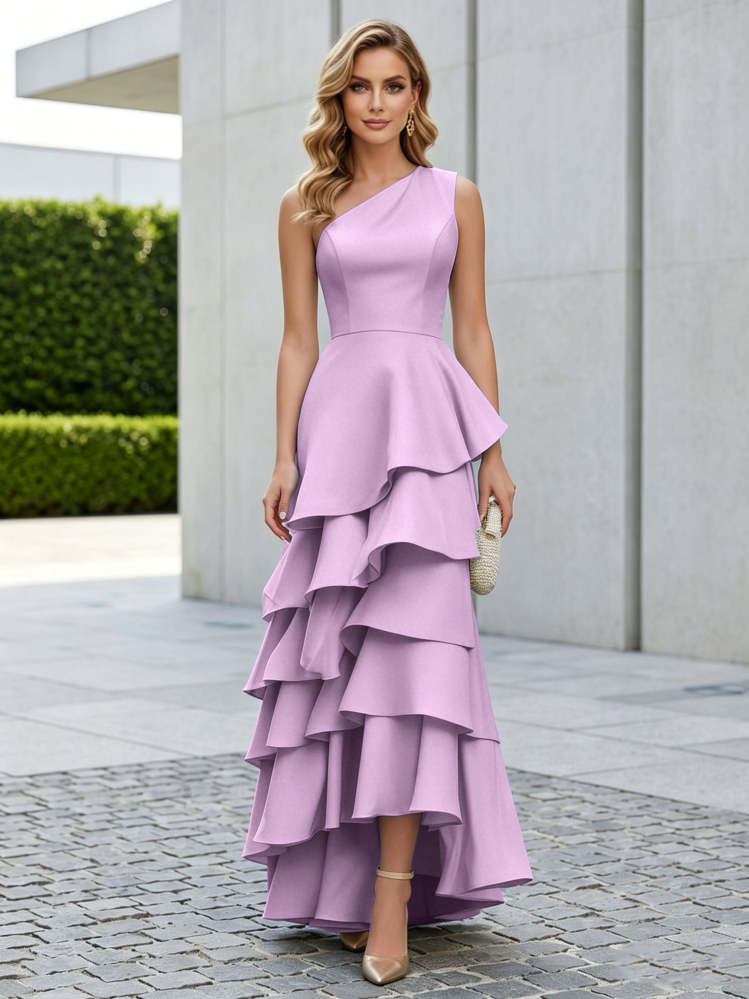 One Shoulder Tiered Ruffle Satin Mermaid Evening Gown with Sculptural Layers