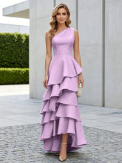 One Shoulder Tiered Ruffle Satin Mermaid Evening Gown with Sculptural Layers