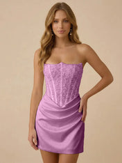 White Strapless Sequin Beaded Satin Short Homecoming Dress with Corset