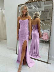 Bodycon Scoop Neck Satin Long Prom Dress with Slit