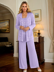 Chiffon Mother of the Bride Pantsuits with Jacket & Sequins