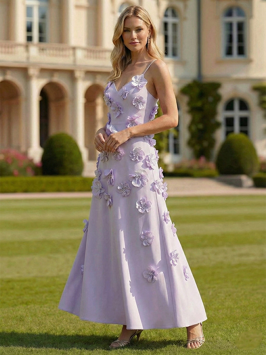 Lilac 3D Floral A-Line Evening Gown with Pockets
