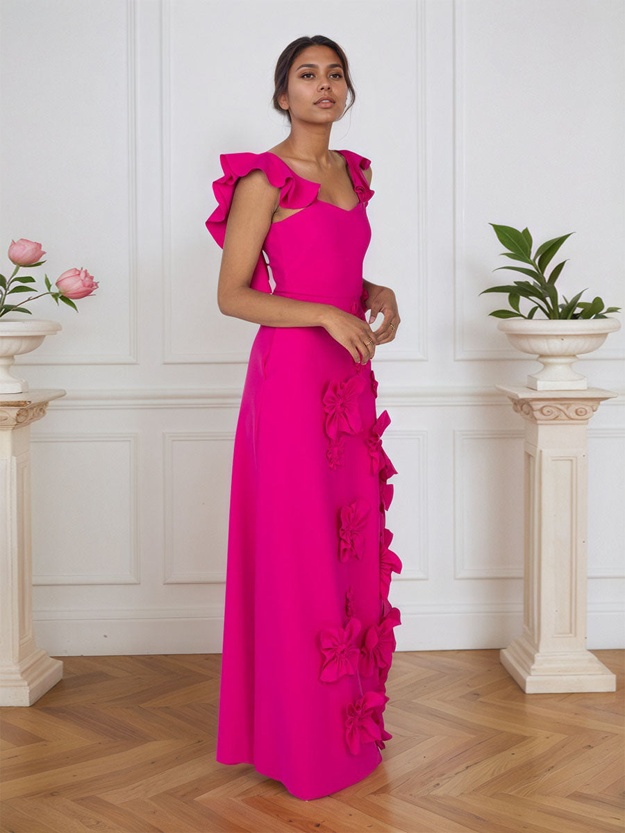 Lilac 3D Floral Sheath Formal Gown with Ruffle Sleeves