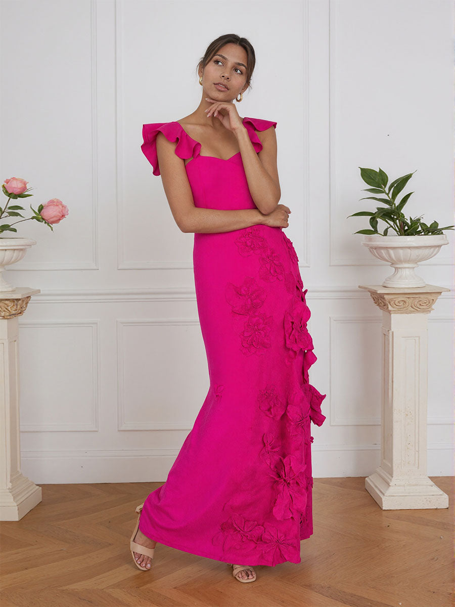 Lilac 3D Floral Sheath Formal Gown with Ruffle Sleeves